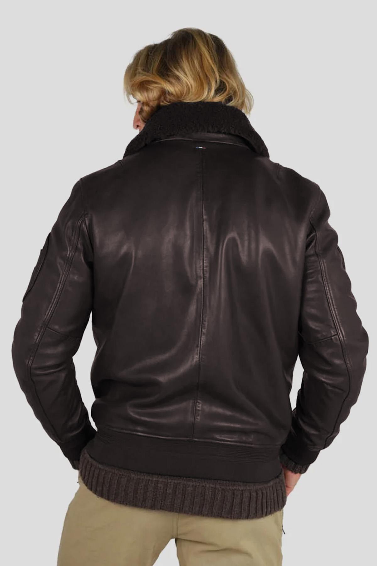 Brown leather bomber jacket with vintage Patrouille de France patches - Image n°3