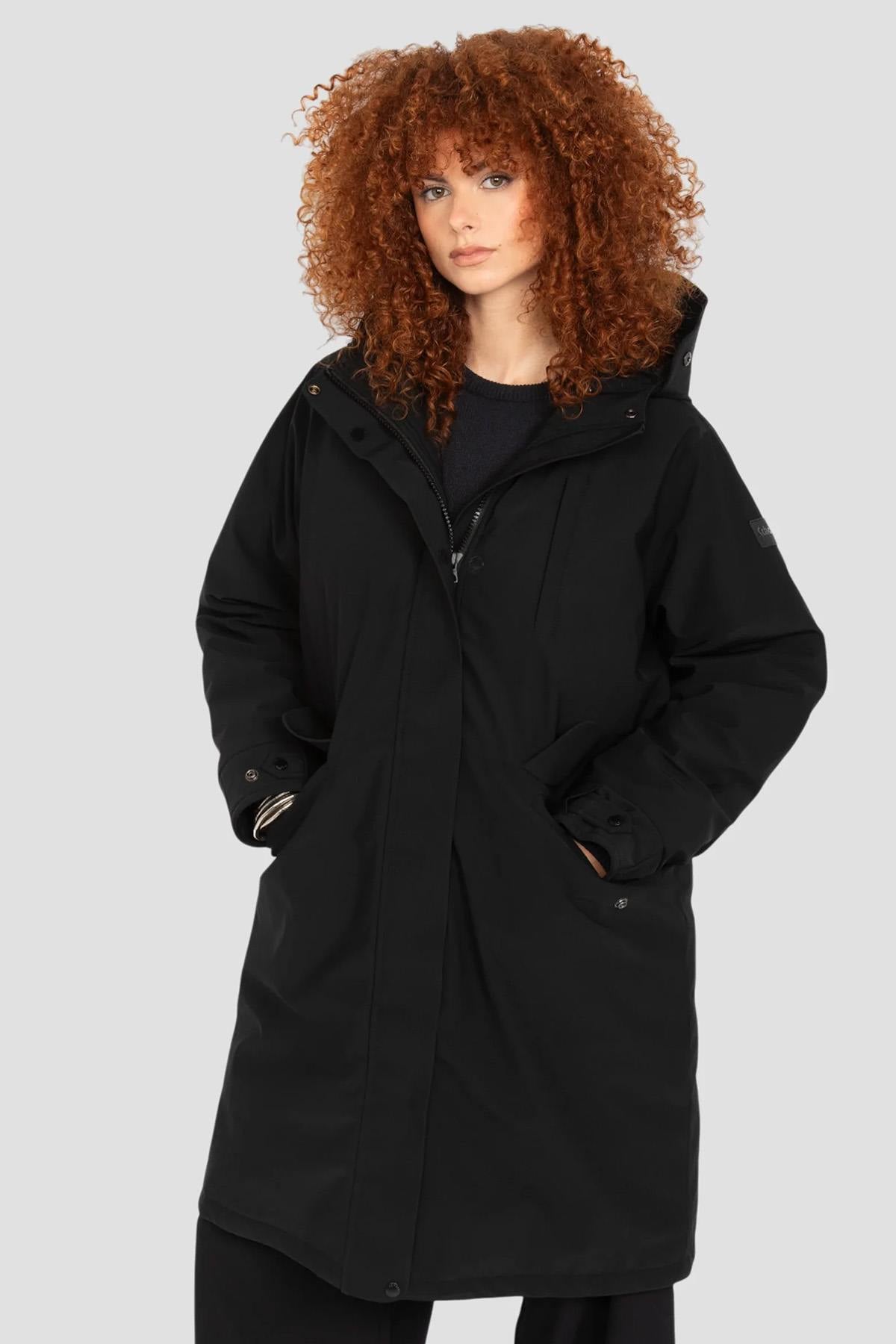 Black multi-pocket hooded parka with quilted nylon lining - Image n°1