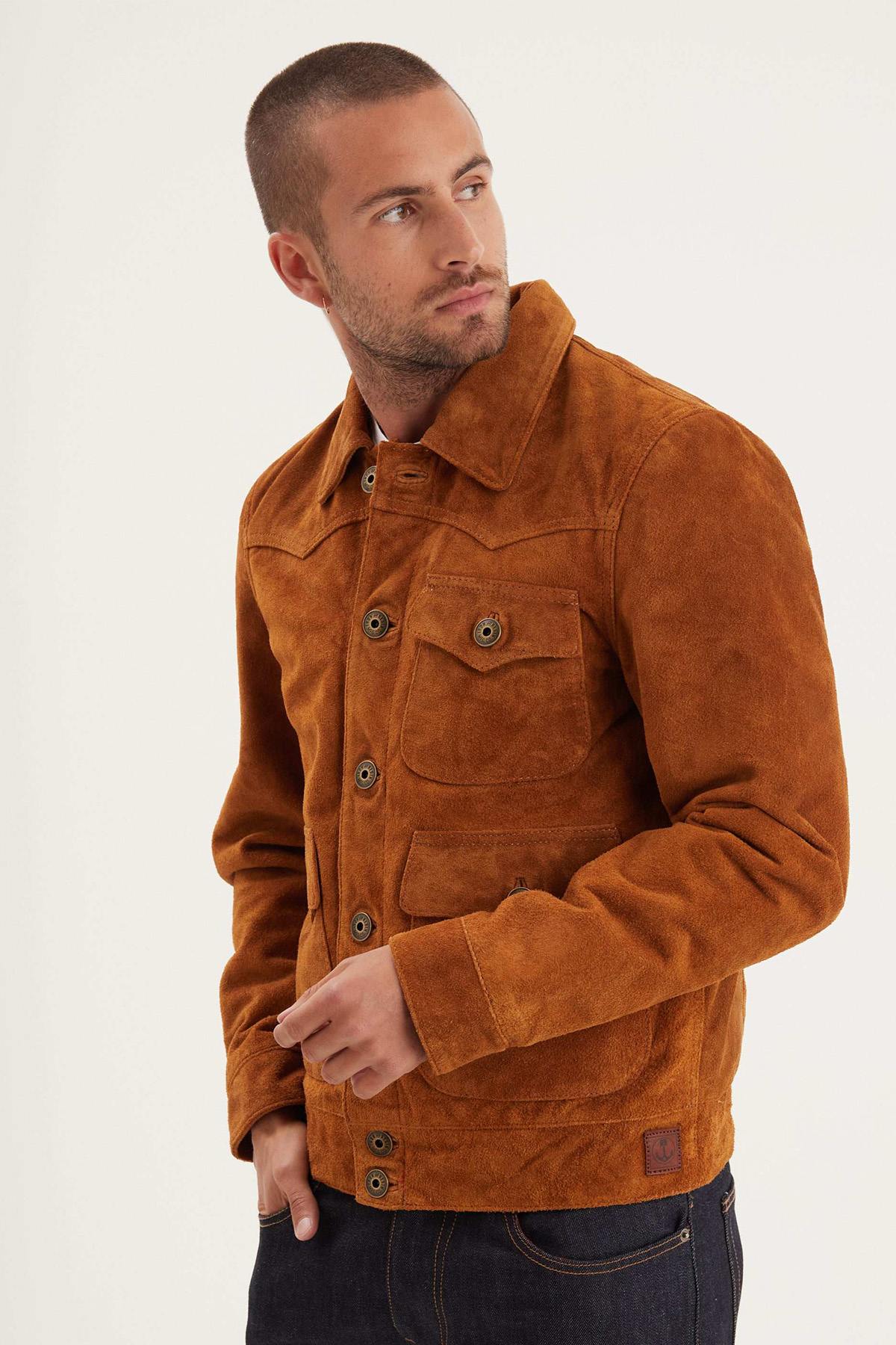 Cognac-colored buffalo suede leather jacket with shirt collar - Image n°1