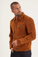 Cognac-colored buffalo suede leather jacket with shirt collar - Image n°1