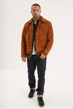 Cognac-colored buffalo suede leather jacket with shirt collar - Image n°3