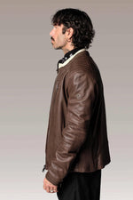 Brown sheepskin biker jacket with Mao collar and quilted detailing. - Image n°6