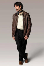 Brown sheepskin biker jacket with Mao collar and quilted detailing. - Image n°4