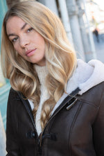 Women's brown shearling hooded coat - Image n°7