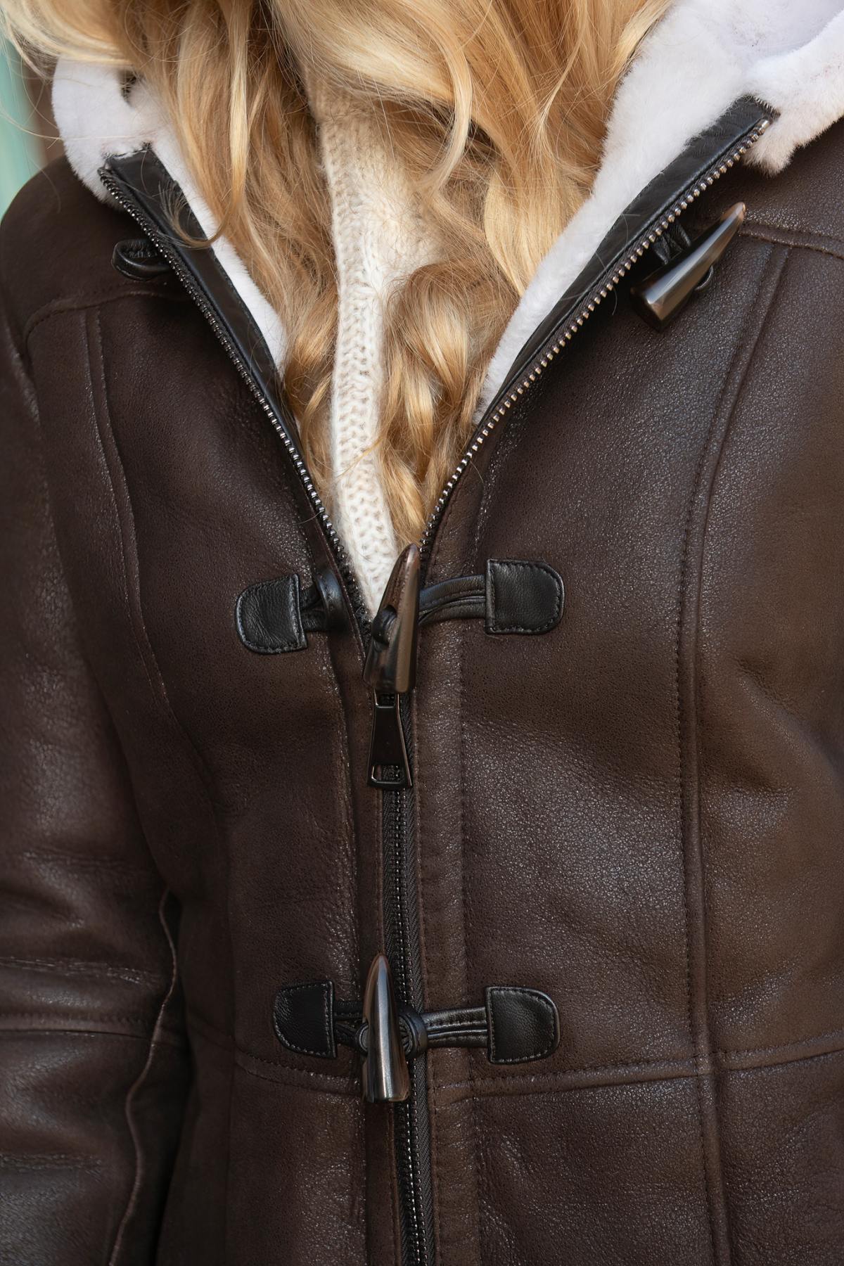 Women's brown shearling hooded coat - Image n°3