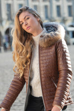 Cognac leather hooded down jacket with fur collar - Image n°1