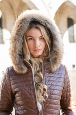 Cognac leather hooded down jacket with fur collar - Image n°4