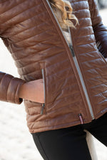 Cognac leather hooded down jacket with fur collar - Image n°3