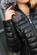 Black leather down jacket with silver fox fur collar hood - Image n°6