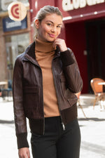 Chocolate brown double collar leather jacket - Image n°4