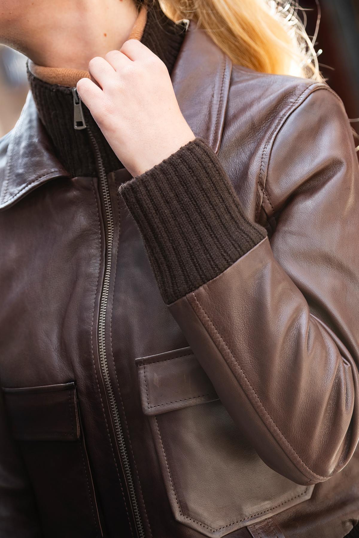Chocolate brown double collar leather jacket - Image n°5
