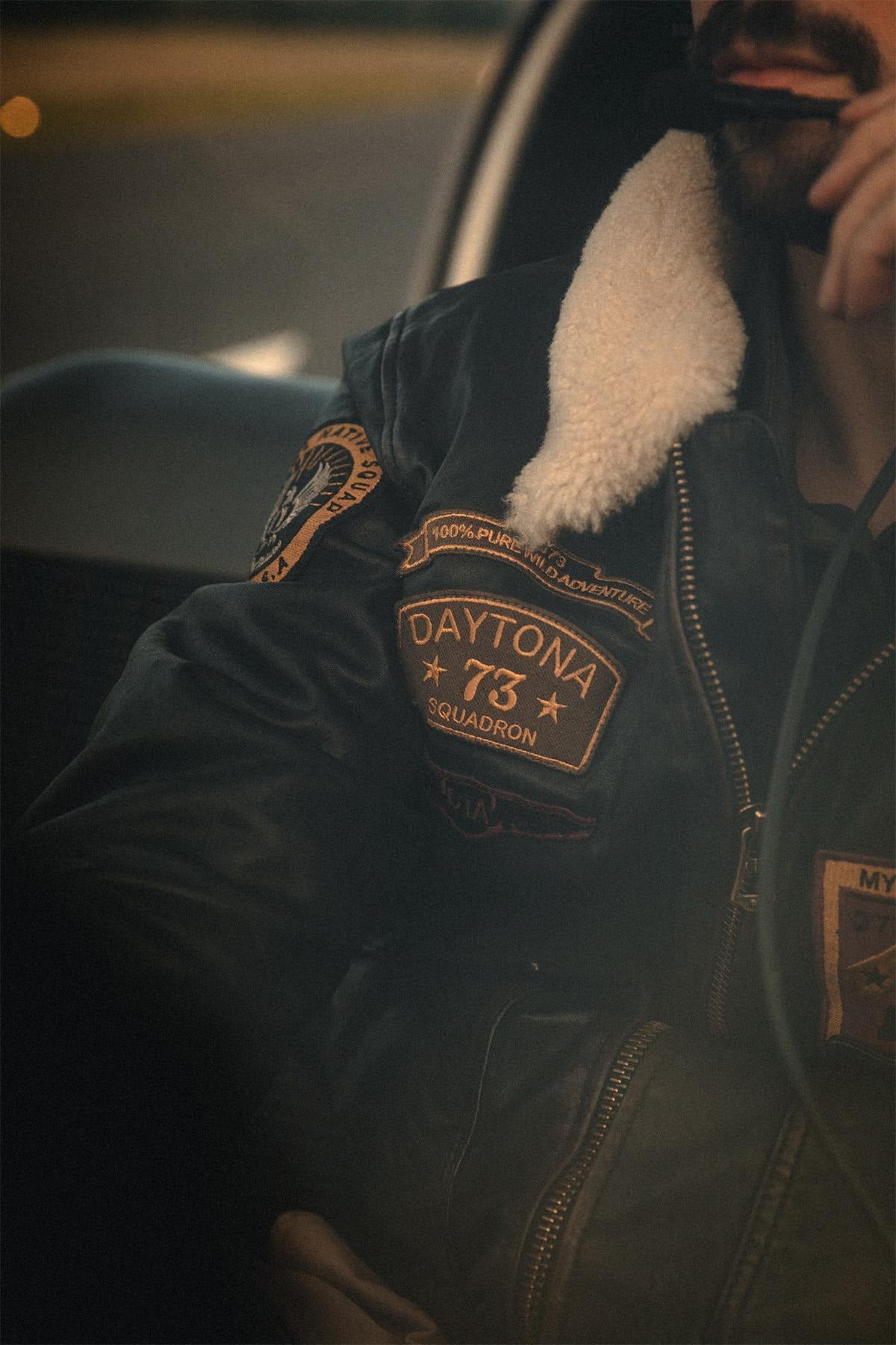 Distressed black leather aviator jacket with patches - Image n°14