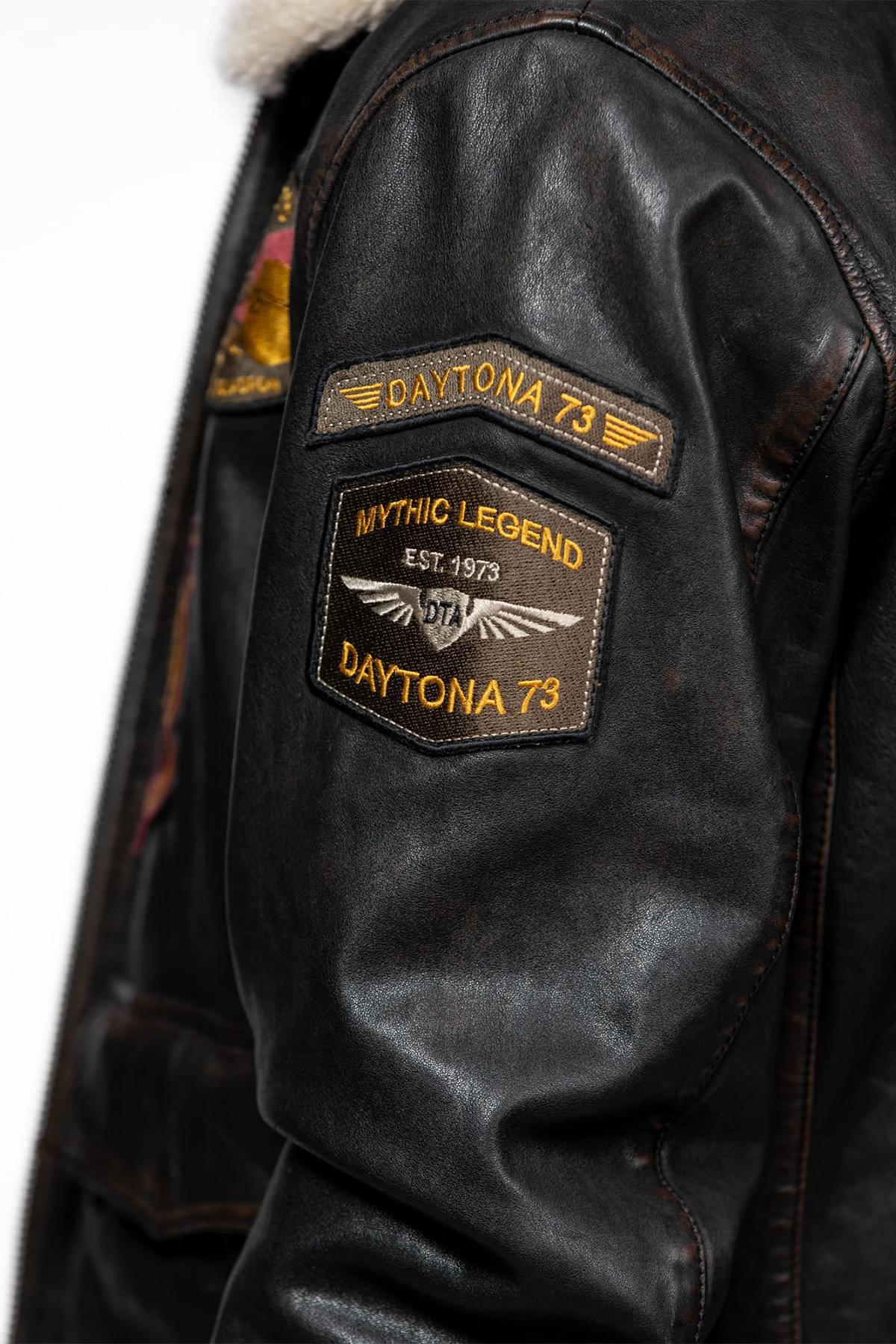 Distressed black leather aviator jacket with patches - Image n°8