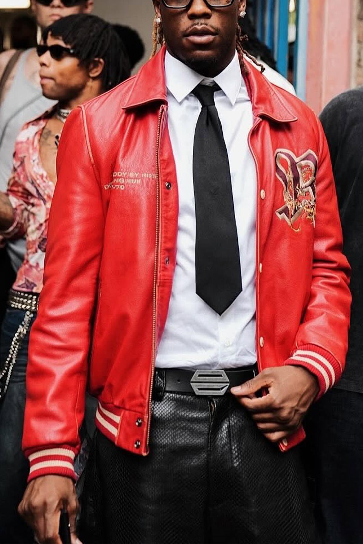 Redskins' red cowhide bomber with dragon embroidery and ribbed cuffs. - Image n°1