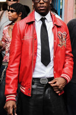 Redskins' red cowhide bomber with dragon embroidery and ribbed cuffs. - Image n°1