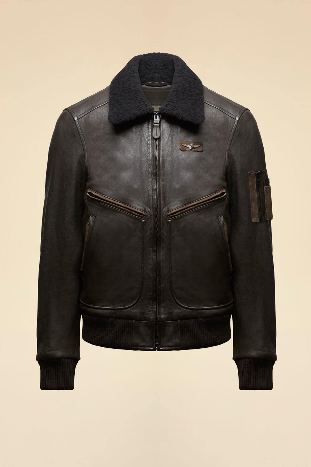 Vintage dark brown leather bomber jacket with back print - Image n°1