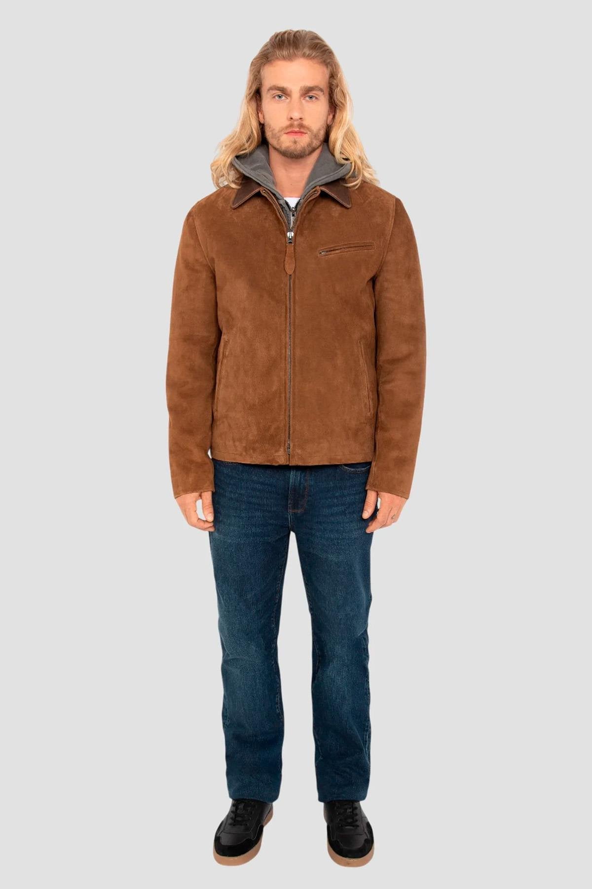 Rust-colored suede leather worker jacket with shirt collar - Image n°7