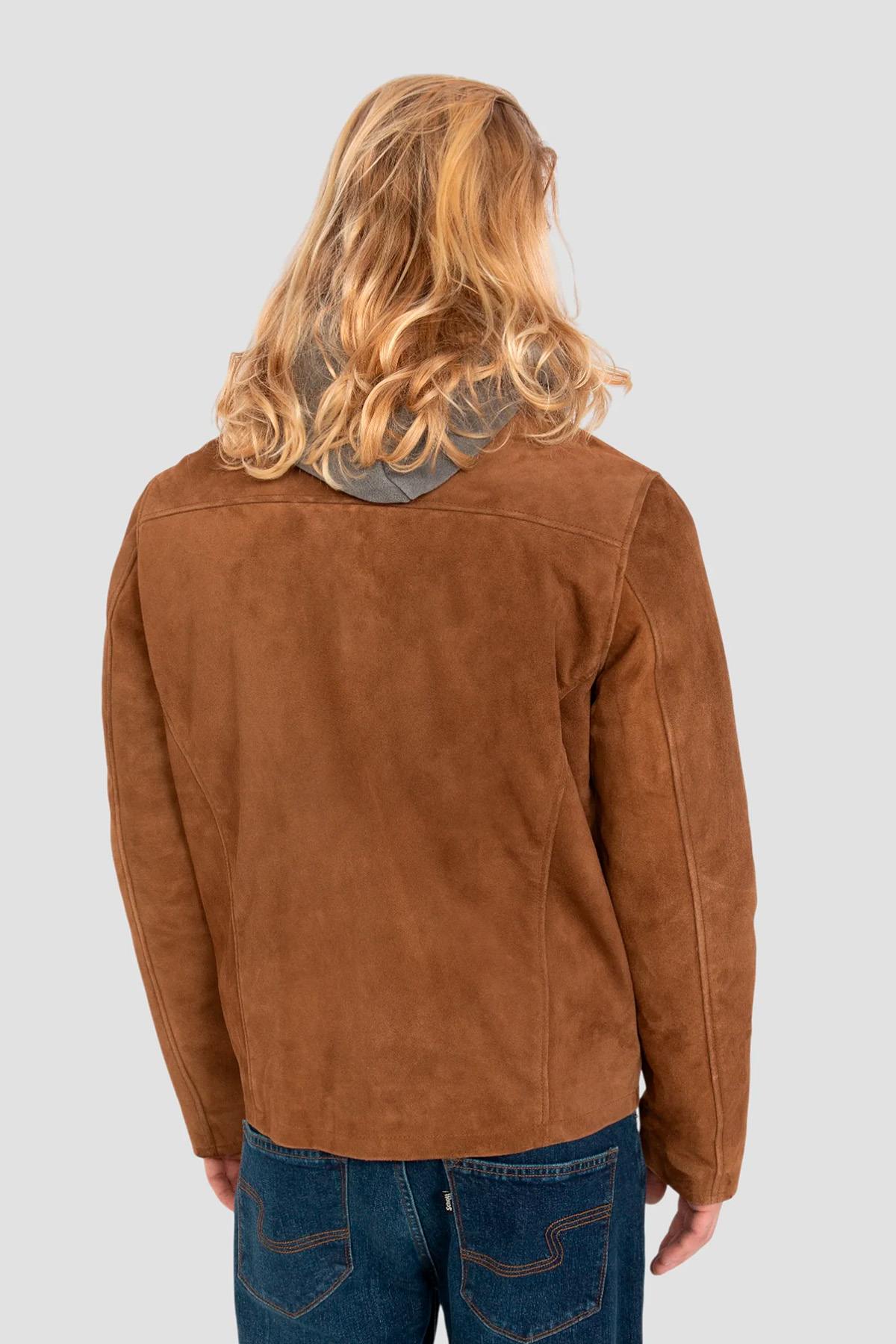 Rust-colored suede leather worker jacket with shirt collar - Image n°2