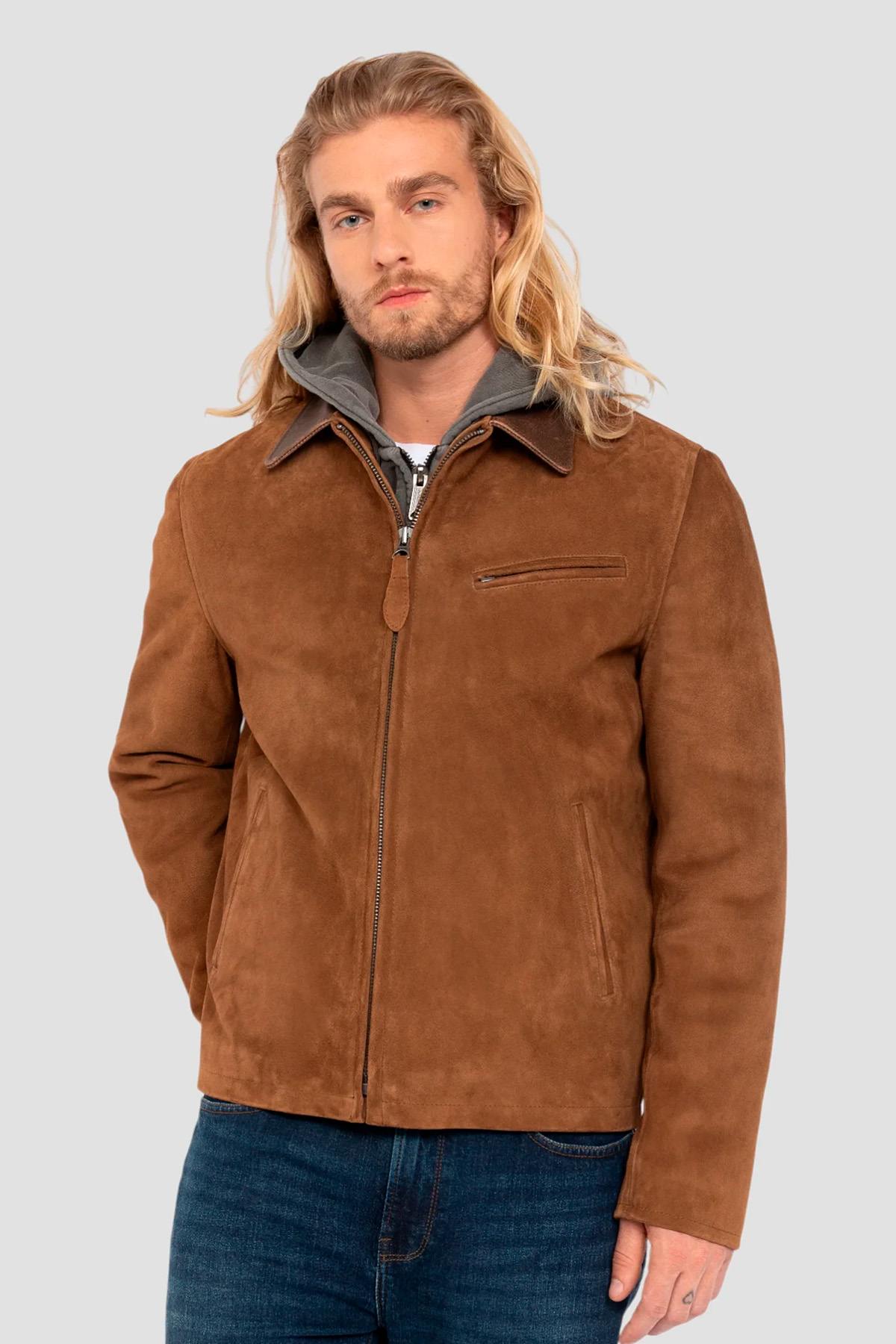 Rust-colored suede leather worker jacket with shirt collar - Image n°1