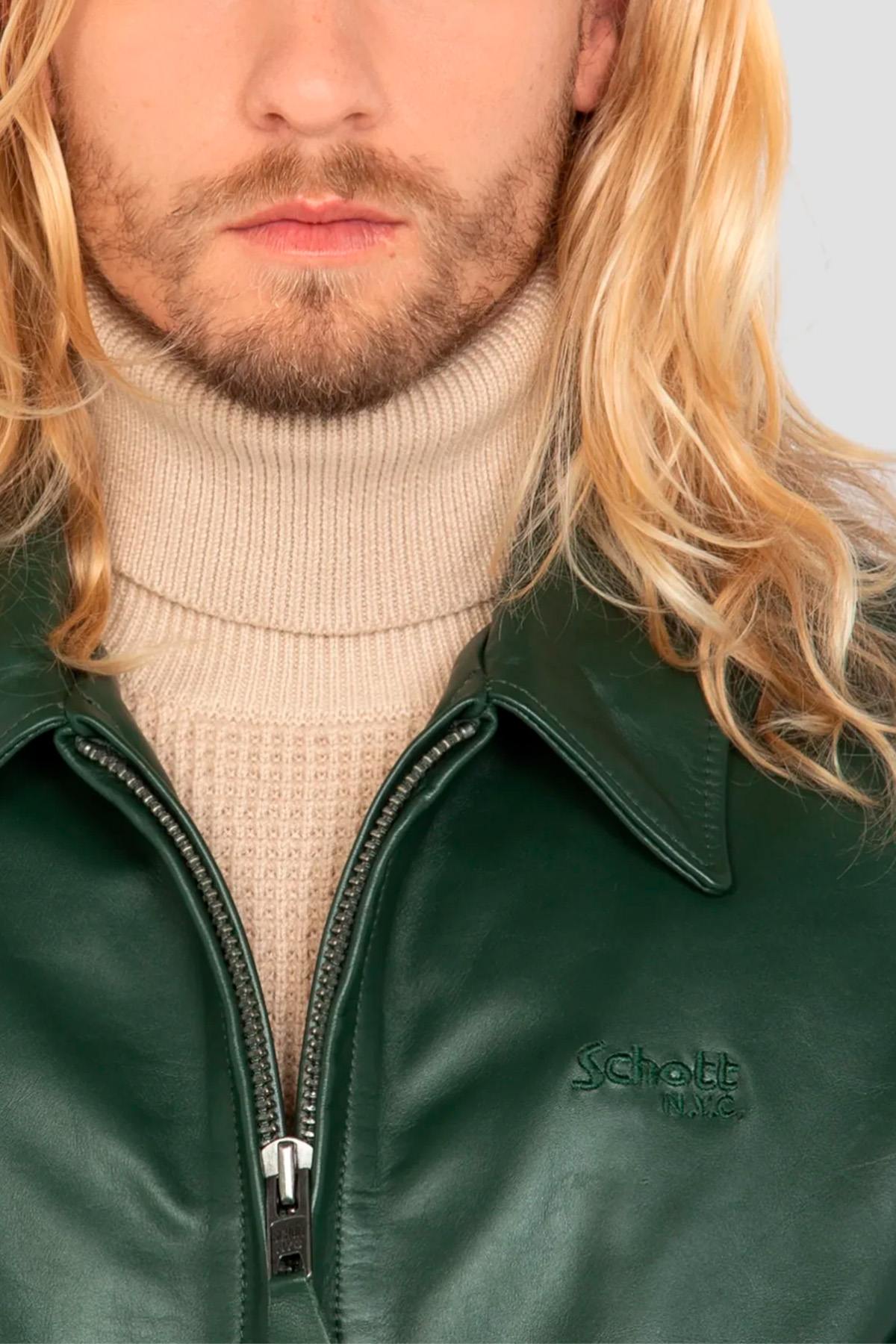 Glossy green cowhide jacket by Schott: ribbed details, teddy cut. - Image n°4