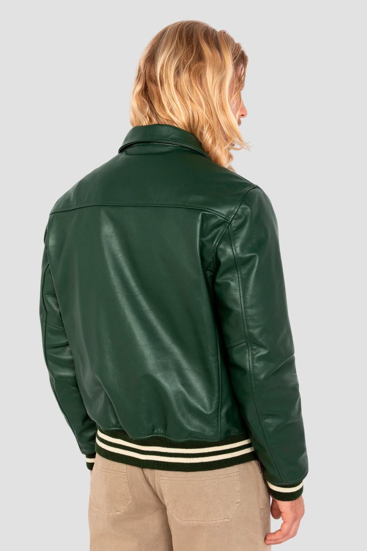 Glossy green cowhide jacket by Schott: ribbed details, teddy cut. - Image n°3