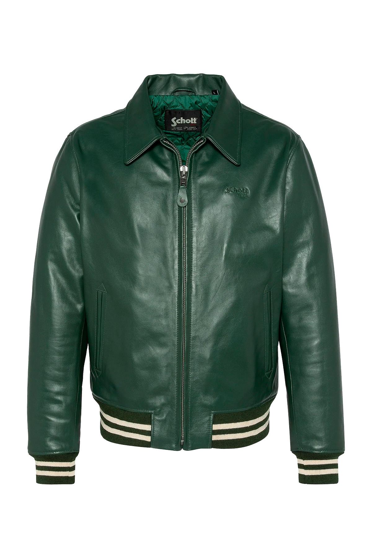 Glossy green cowhide jacket by Schott: ribbed details, teddy cut. - Image n°5
