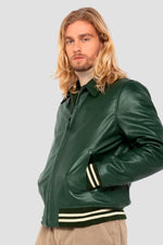 Glossy green cowhide jacket by Schott: ribbed details, teddy cut. - Image n°2