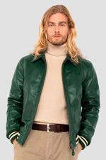 Glossy green cowhide jacket by Schott: ribbed details, teddy cut. - Image n°1