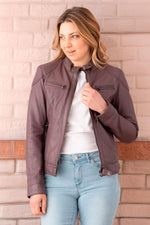 Leather jacket with biker collar for women - Image n°2