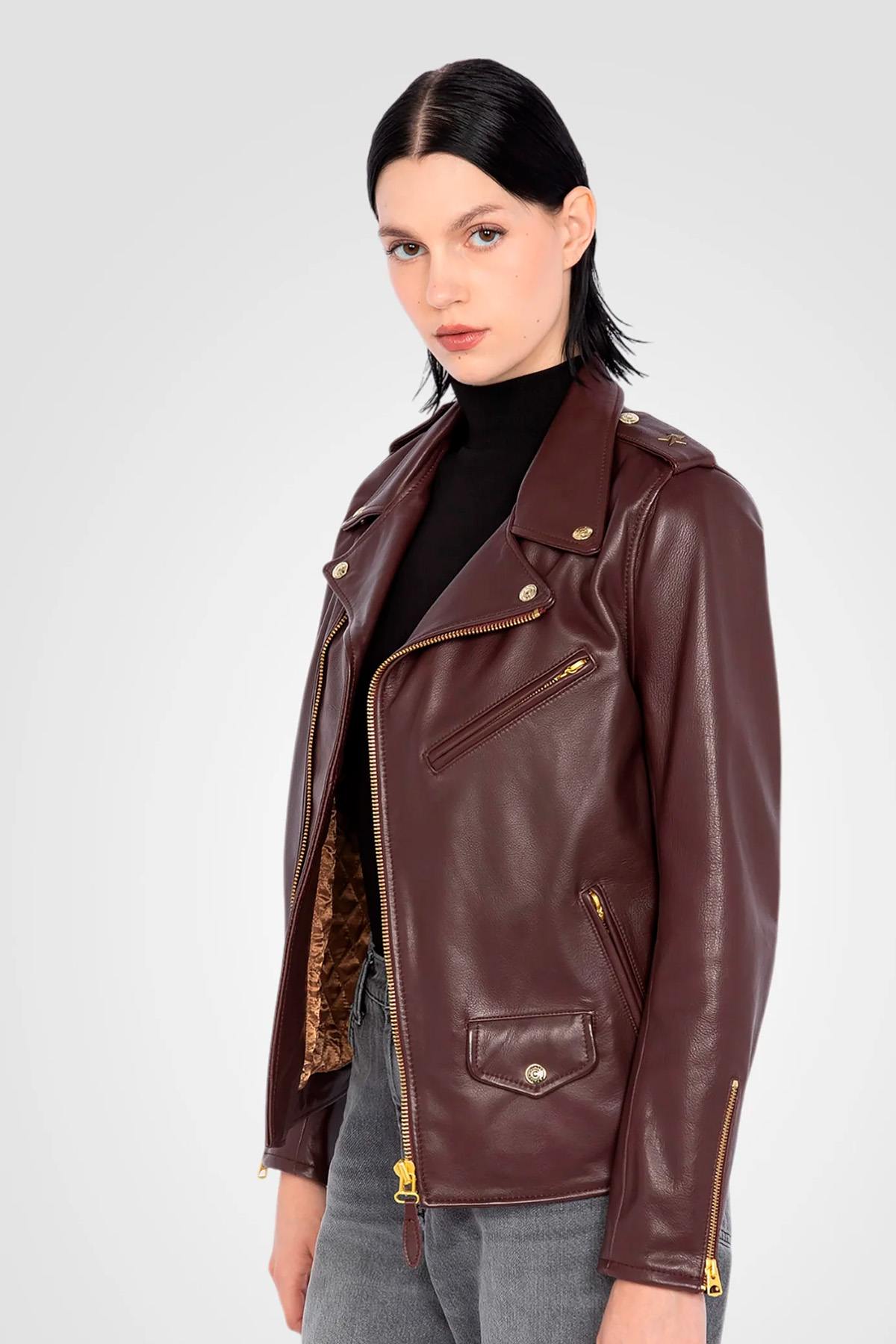Women’s burgundy leather perfecto - Image n°3