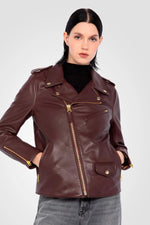 Women’s burgundy leather perfecto - Image n°1