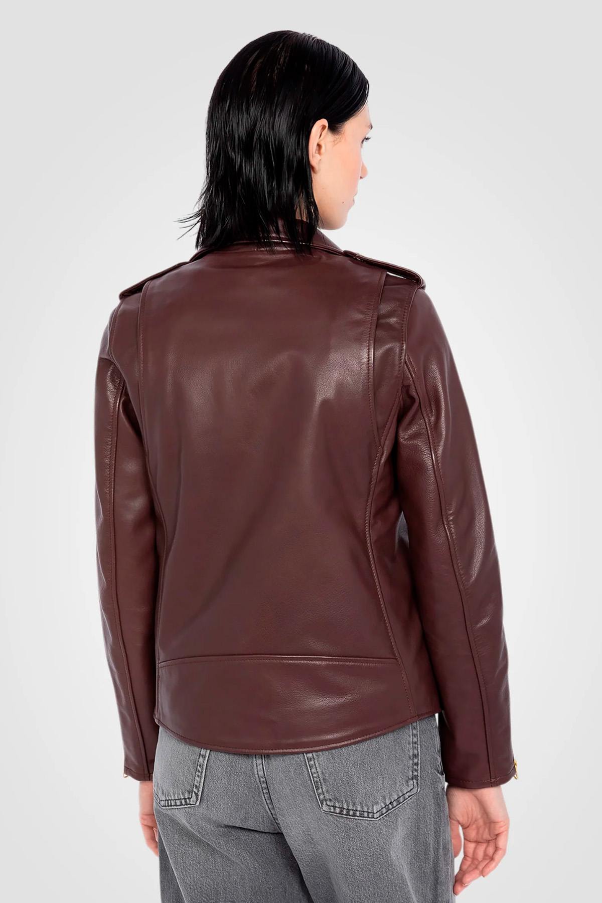 Women’s burgundy leather perfecto - Image n°4