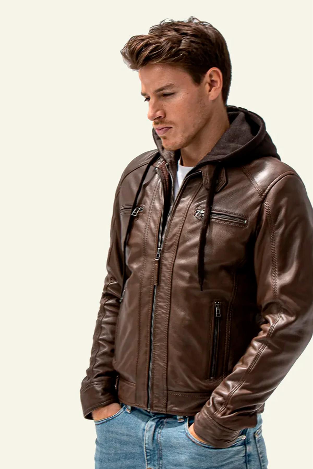 Leather jacket with removable hood in mocha biker collar - Image n°1