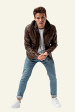 Leather jacket with removable hood in mocha biker collar - Image n°4