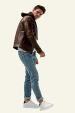 Leather jacket with removable hood in mocha biker collar - Image n°6