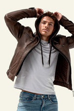 Leather jacket with removable hood in mocha biker collar - Image n°3