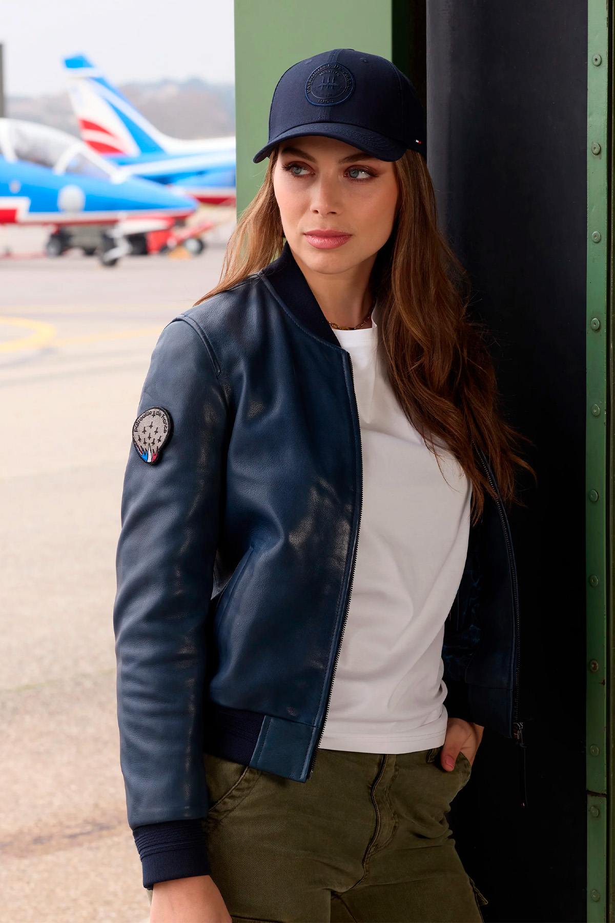 Women's Ocean Blue Leather Bomber Jacket from the Patrouille de France - Image n°1