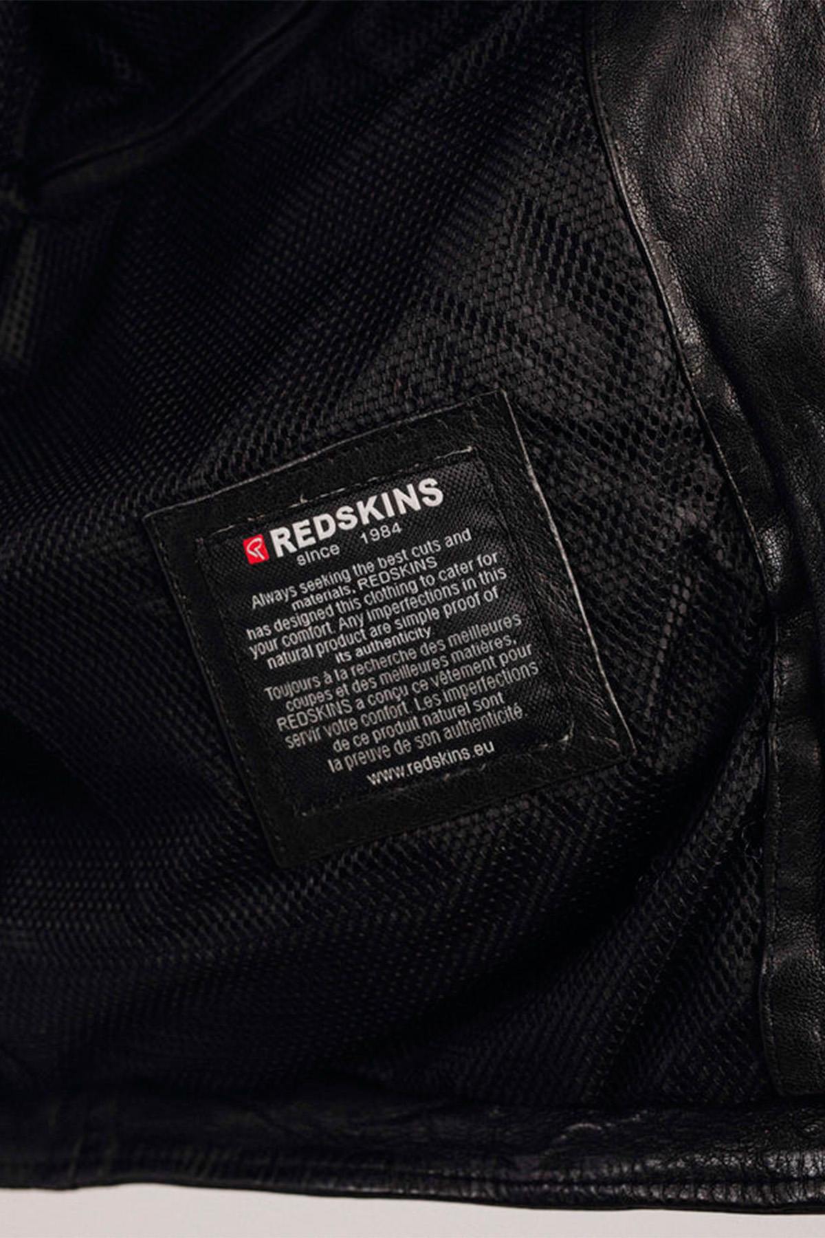 Redskins' black lambskin biker jacket: six badges, perforated sides. - Image n°4