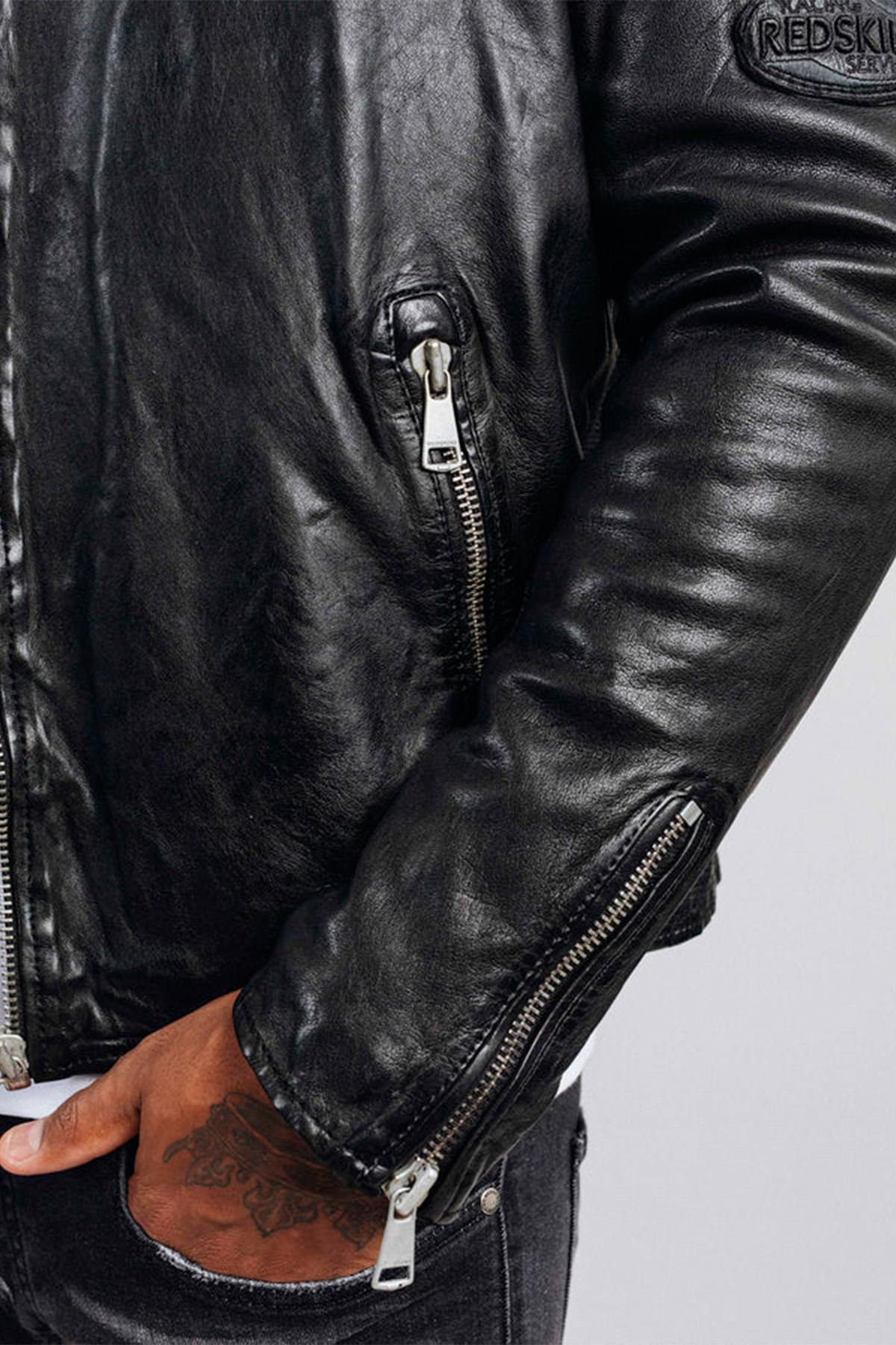 Redskins' black lambskin biker jacket: six badges, perforated sides. - Image n°5