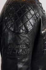 Redskins' black lambskin biker jacket: six badges, perforated sides. - Image n°3