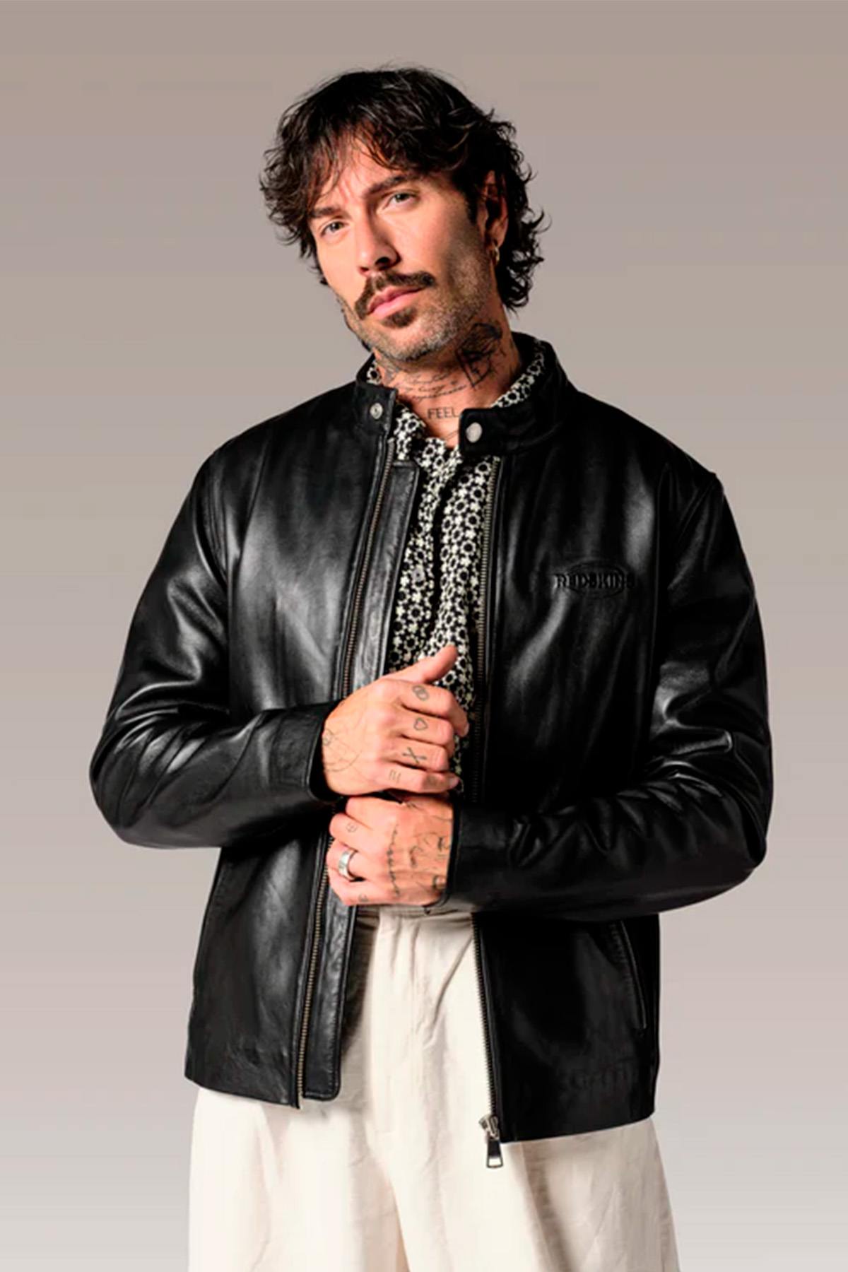 Black leather biker jacket with embossed Redskins logo - Image n°1