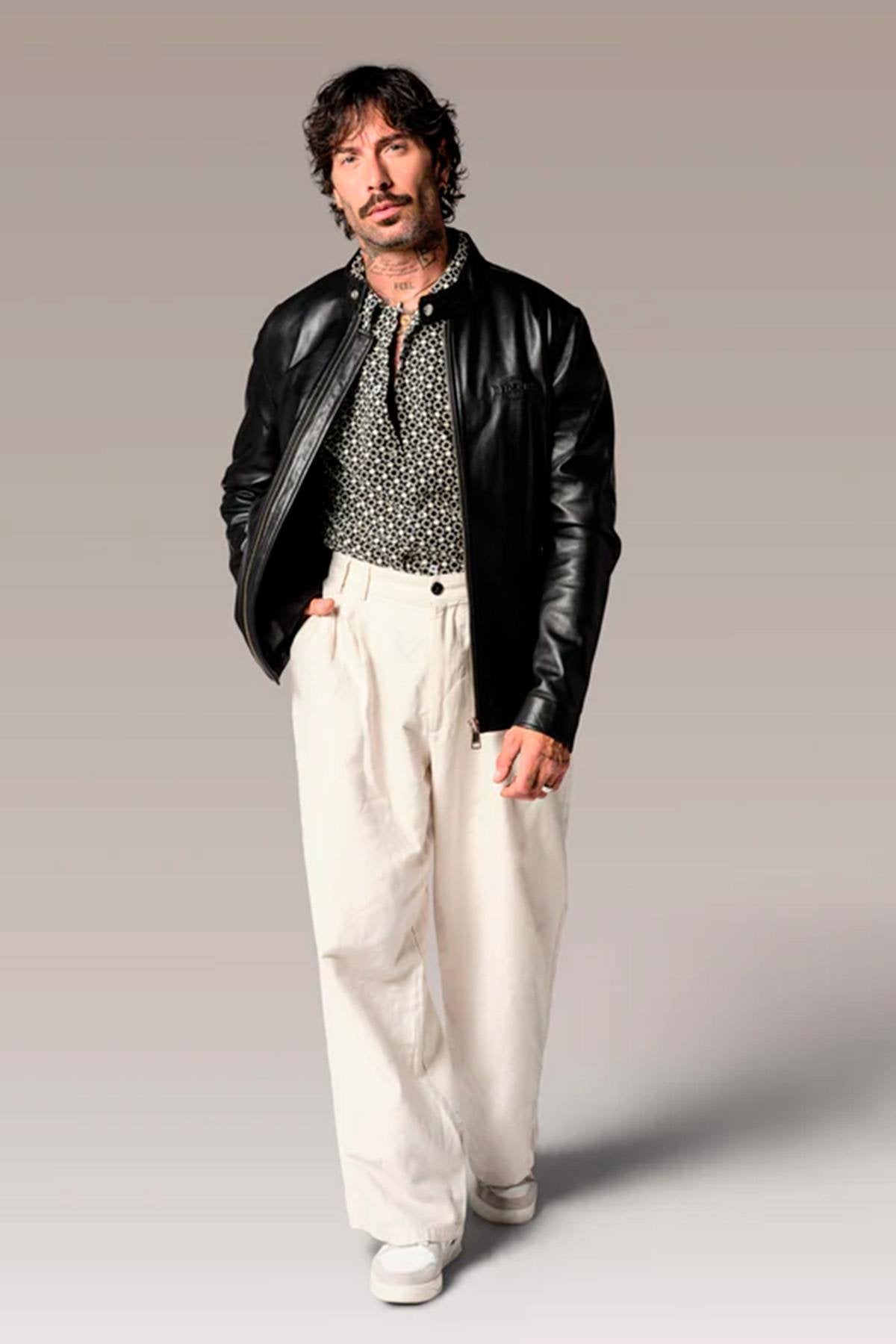 Black leather biker jacket with embossed Redskins logo - Image n°3