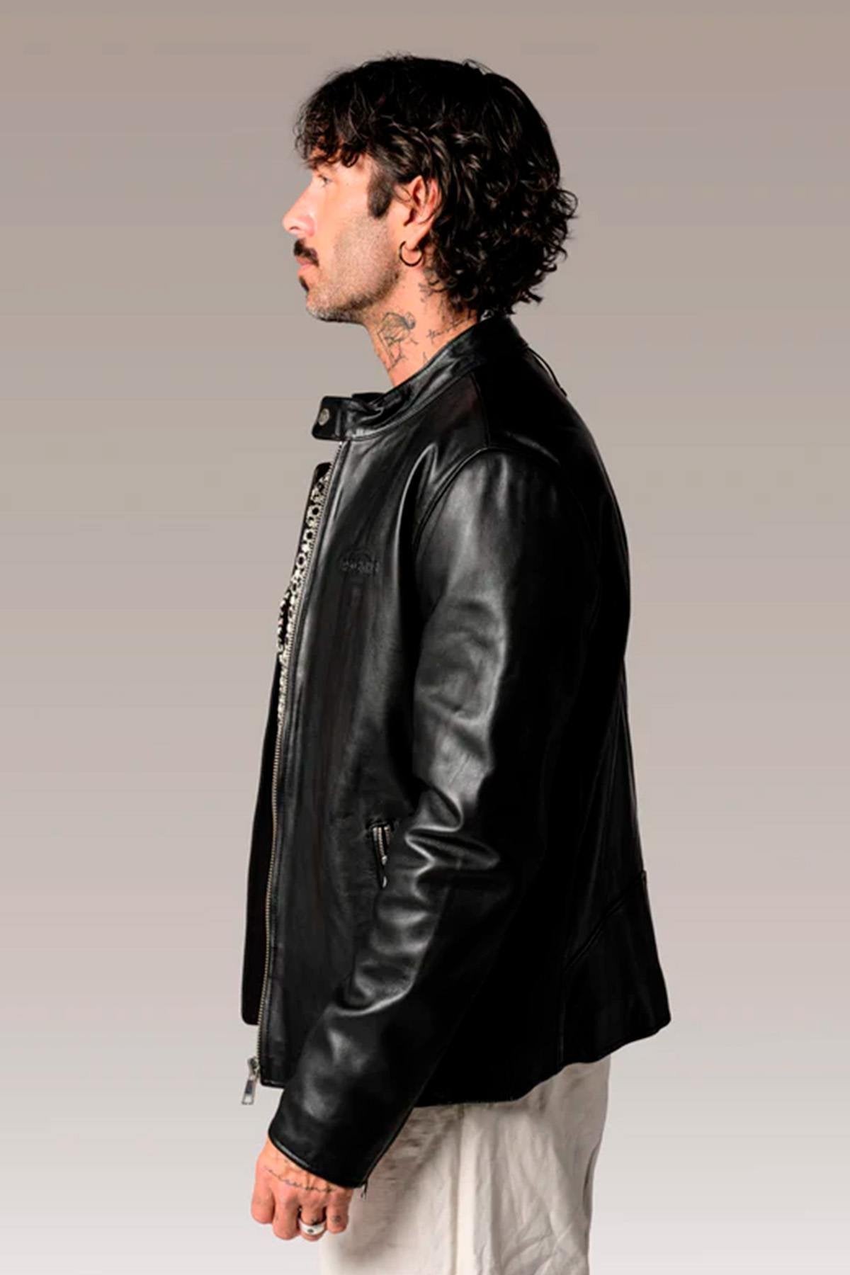 Black leather biker jacket with embossed Redskins logo - Image n°6