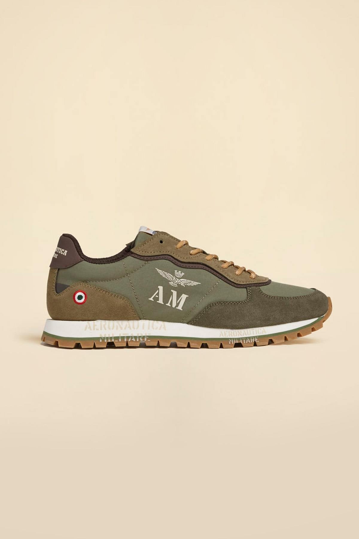 Canvas sneakers with military green suede inserts - Image n°1