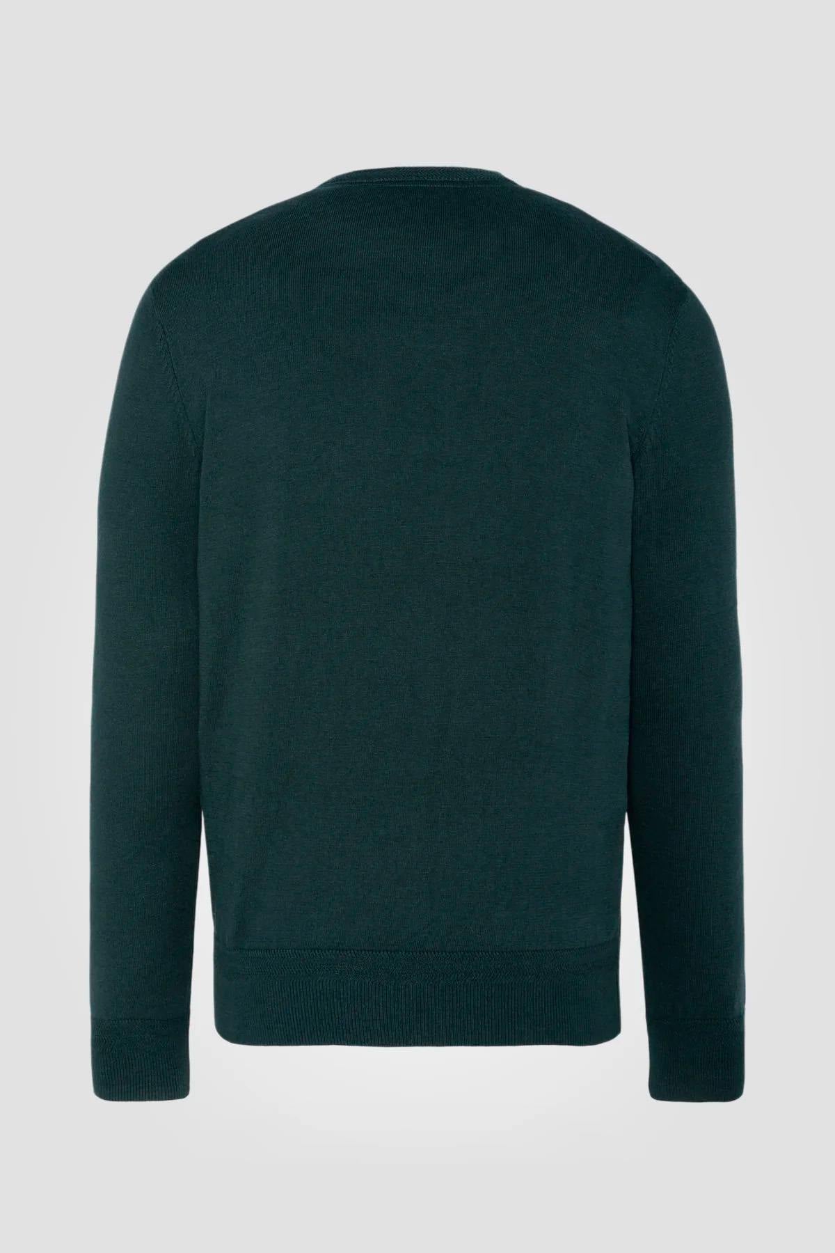 Dark green round neck sweater in fine knit - Image n°4