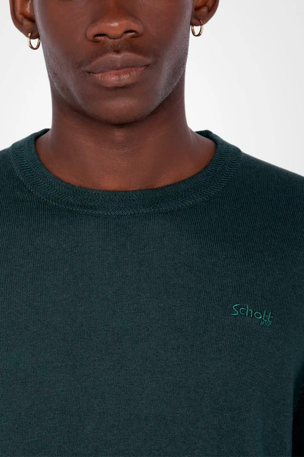 Dark green round neck sweater in fine knit - Image n°2
