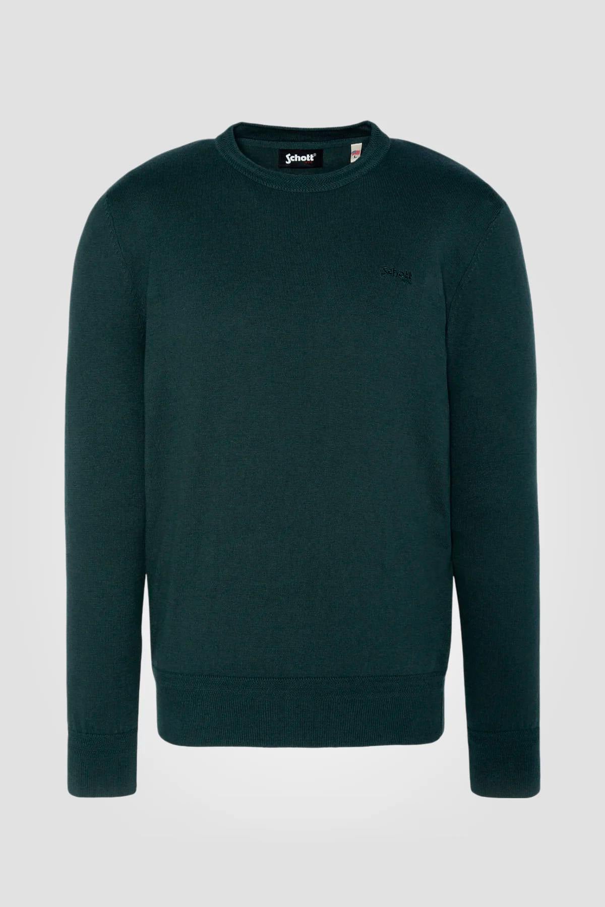 Dark green round neck sweater in fine knit - Image n°1