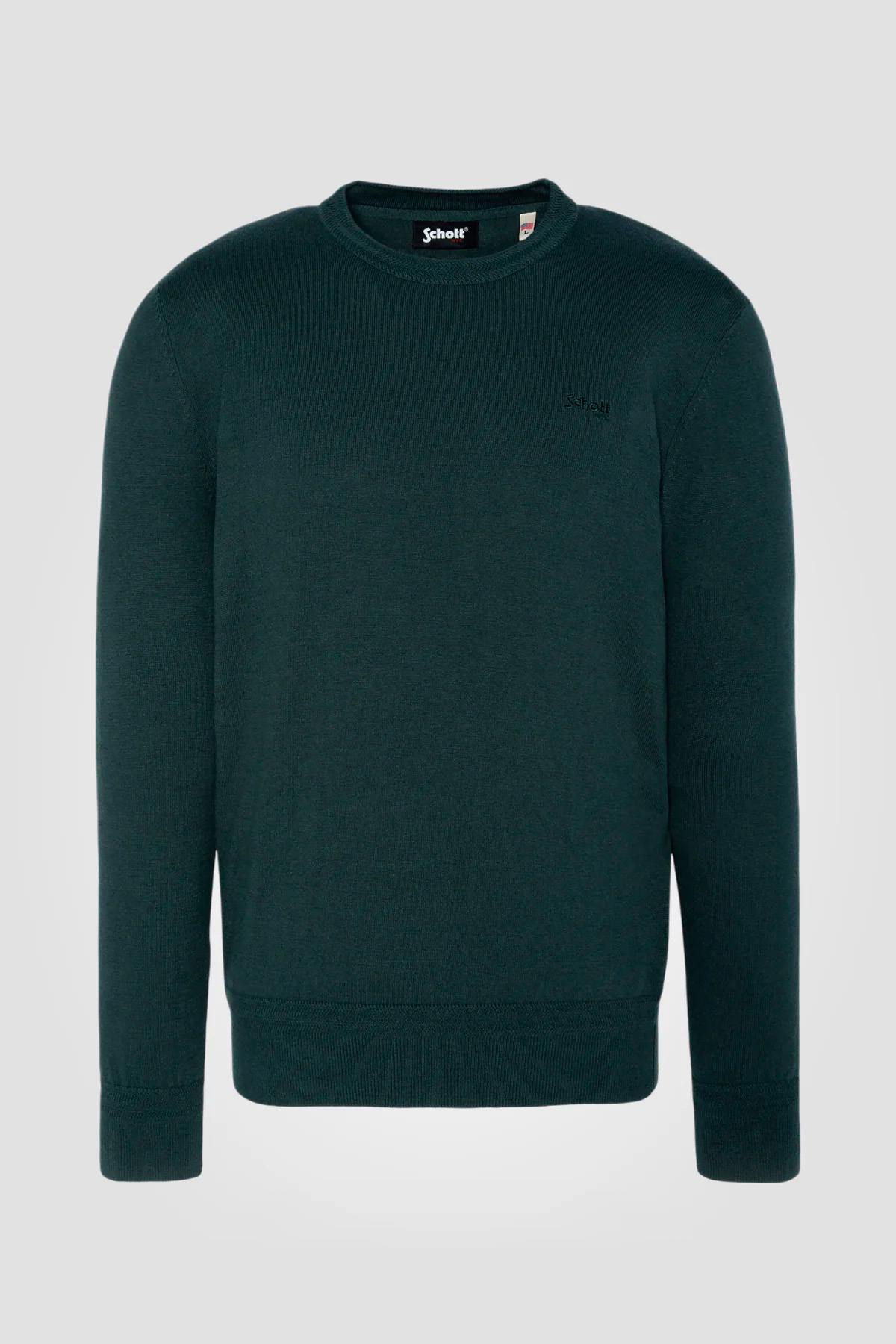 Dark green round neck sweater in fine knit - Image n°1