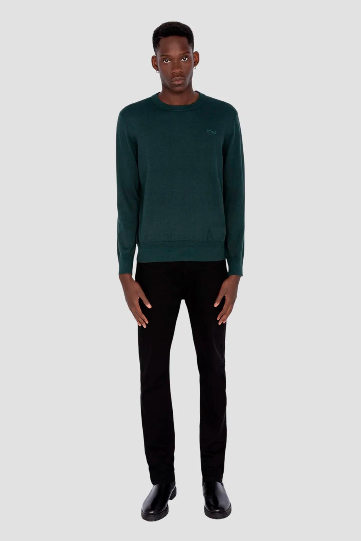 Dark green round neck sweater in fine knit - Image n°5