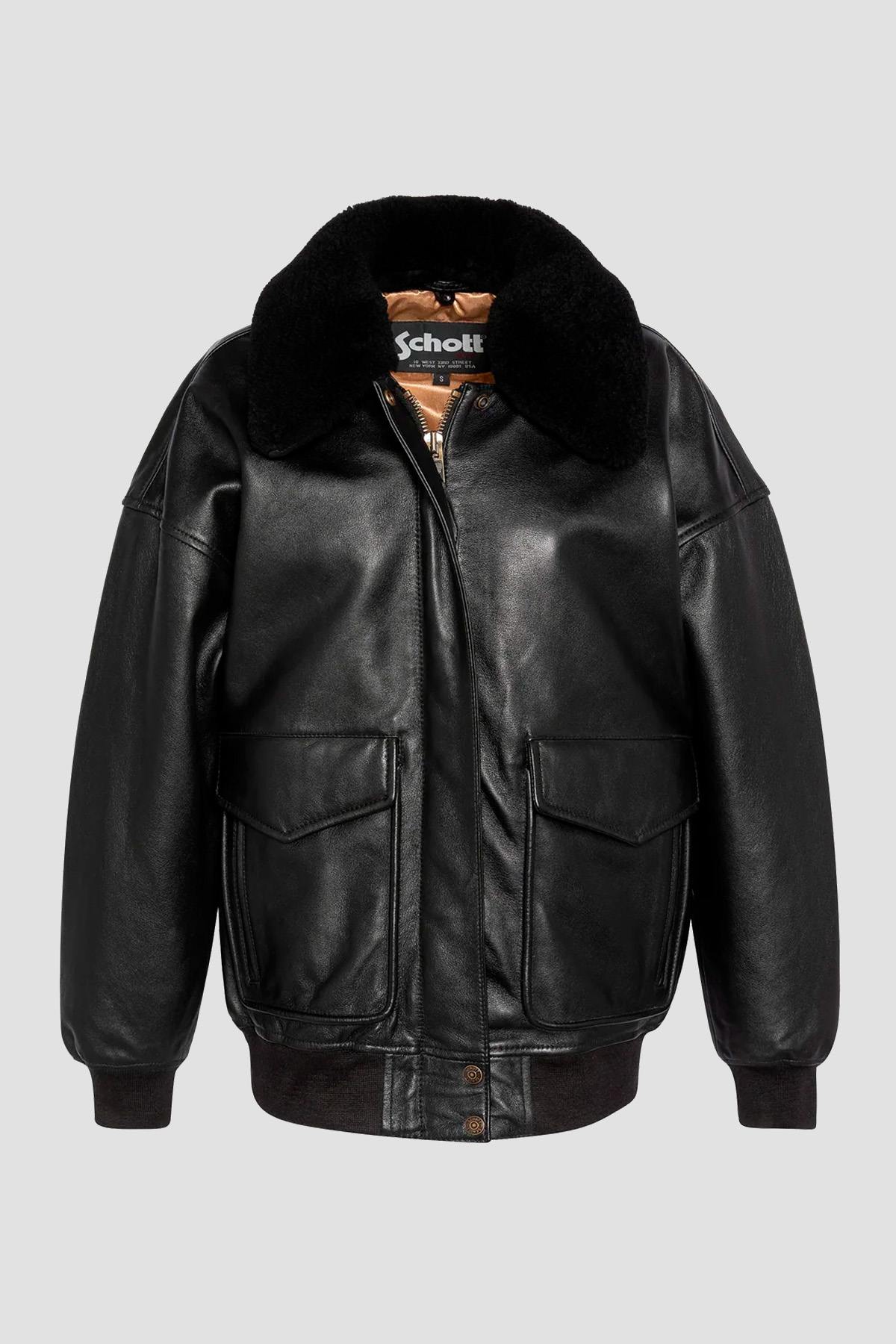 Black leather bomber jacket with fur collar, boyfriend fit - Image n°1